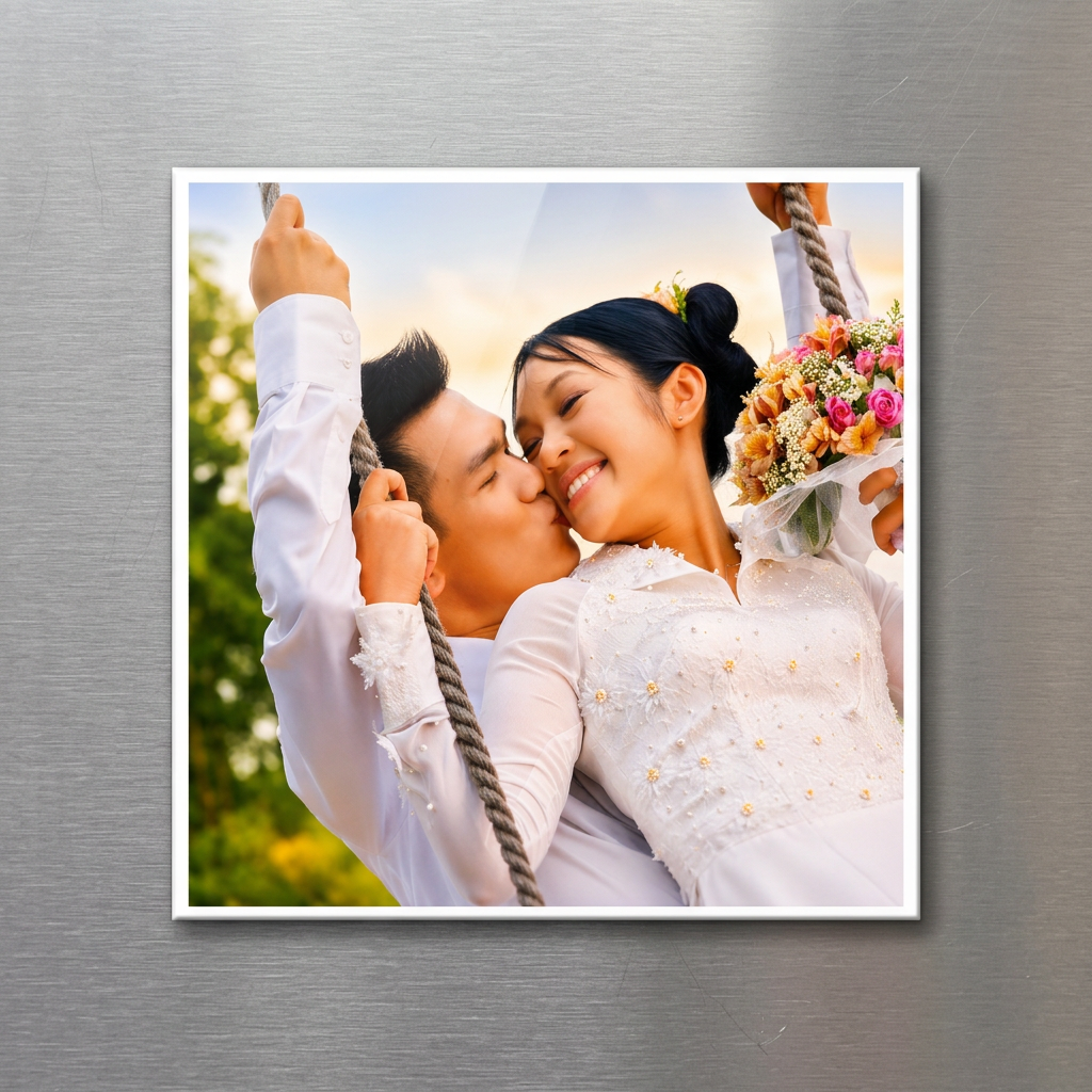 Personalized family wedding photo magnets displayed on a refrigerator door