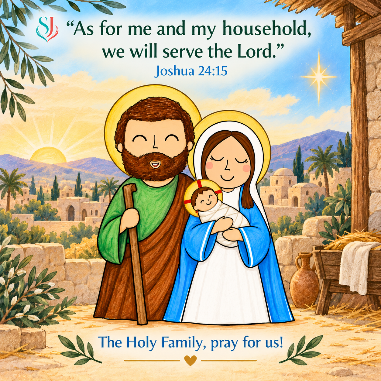 Holy Family Magnet artwork featuring Jesus, Mary, and St. Joseph with Joshua 24:15