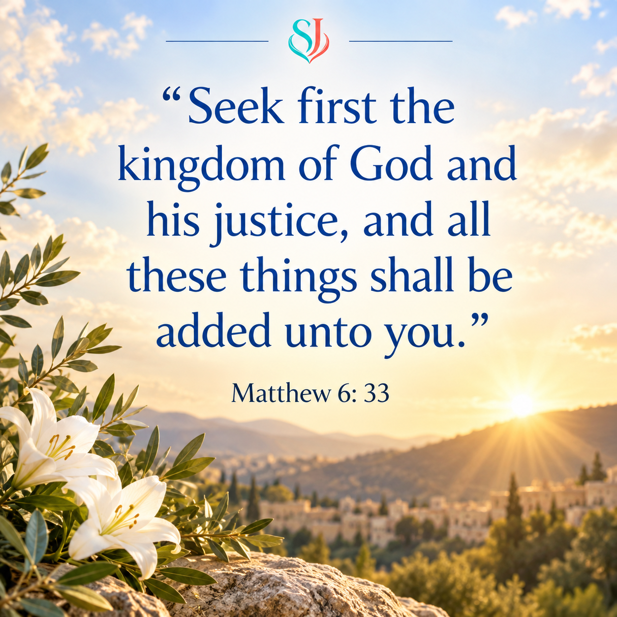 Matthew 6:33 Scripture magnet featuring Seek first the kingdom of God over a sunrise landscape with white lilies.