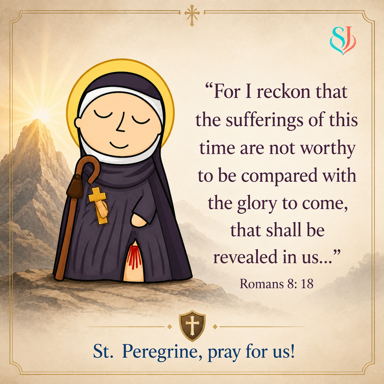 St. Peregrine magnet artwork with Romans 8:18 quote