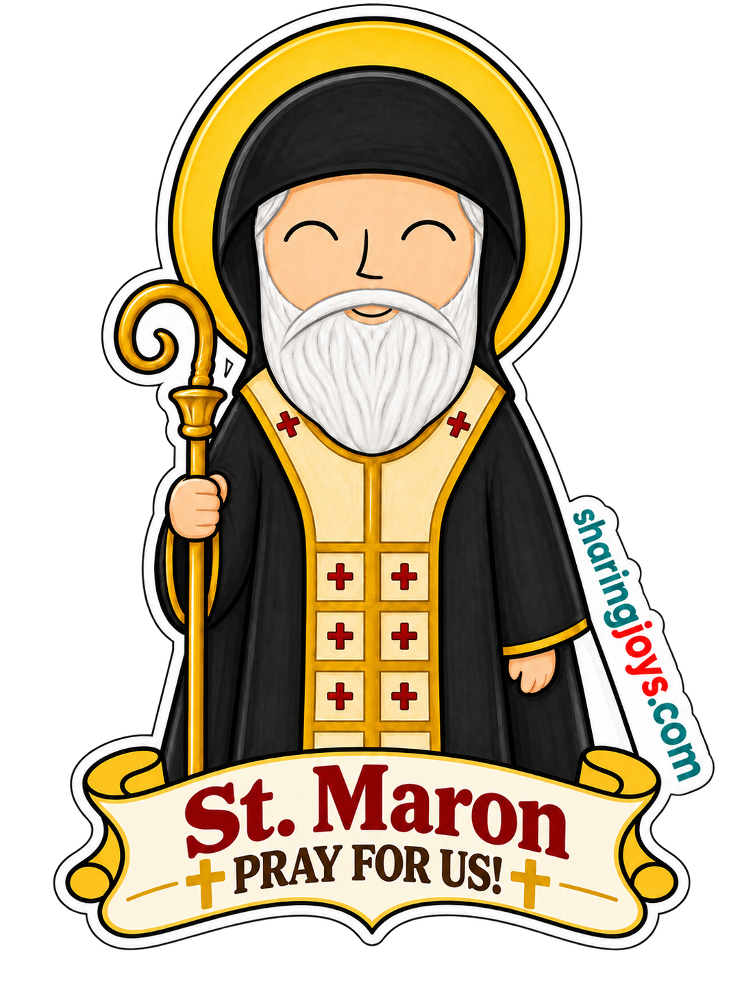 St. Maron die-cut sticker holding a crozier with prayer banner