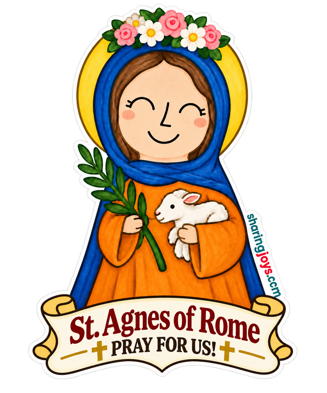 St. Agnes of Rome die-cut sticker — St. Agnes holding a lamb and palm, “St. Agnes of Rome — Pray for us!”