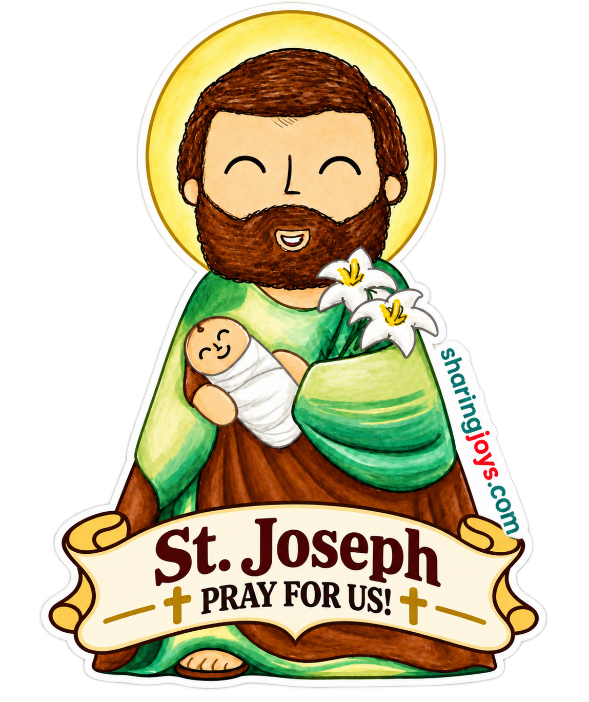 St. Joseph die-cut sticker holding the infant Jesus and lilies with prayer banner