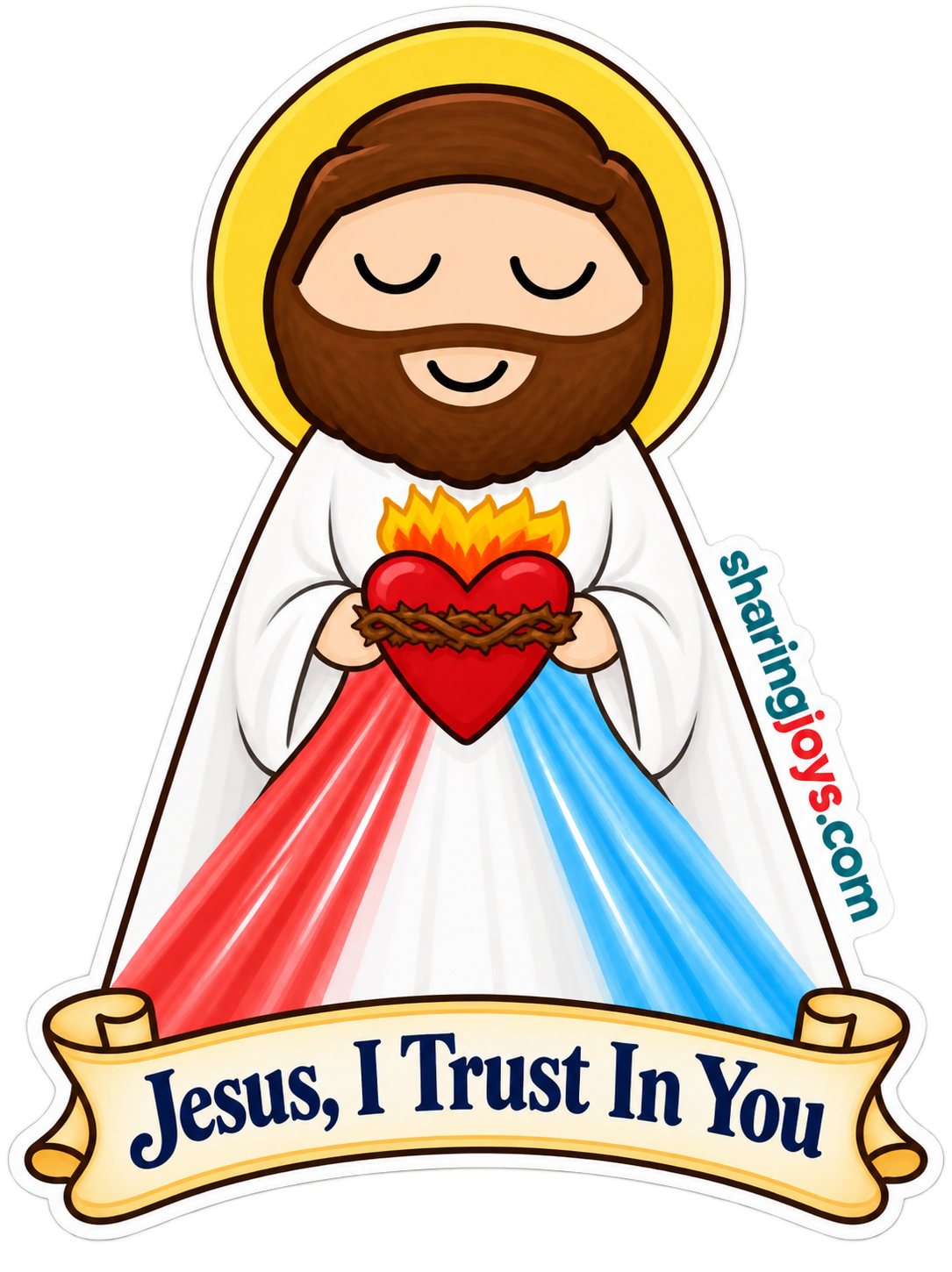 Jesus, I Trust In You die-cut Divine Mercy sticker with Sacred Heart and red and blue rays
