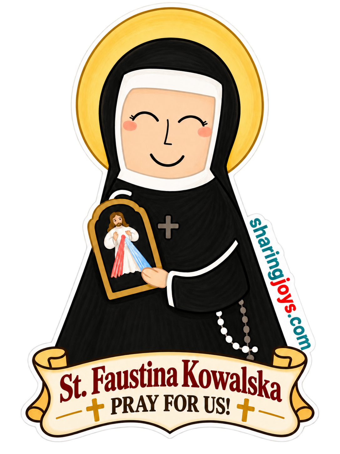 St. Faustina Kowalska die-cut sticker — St. Faustina holding a Divine Mercy image with a prayer banner