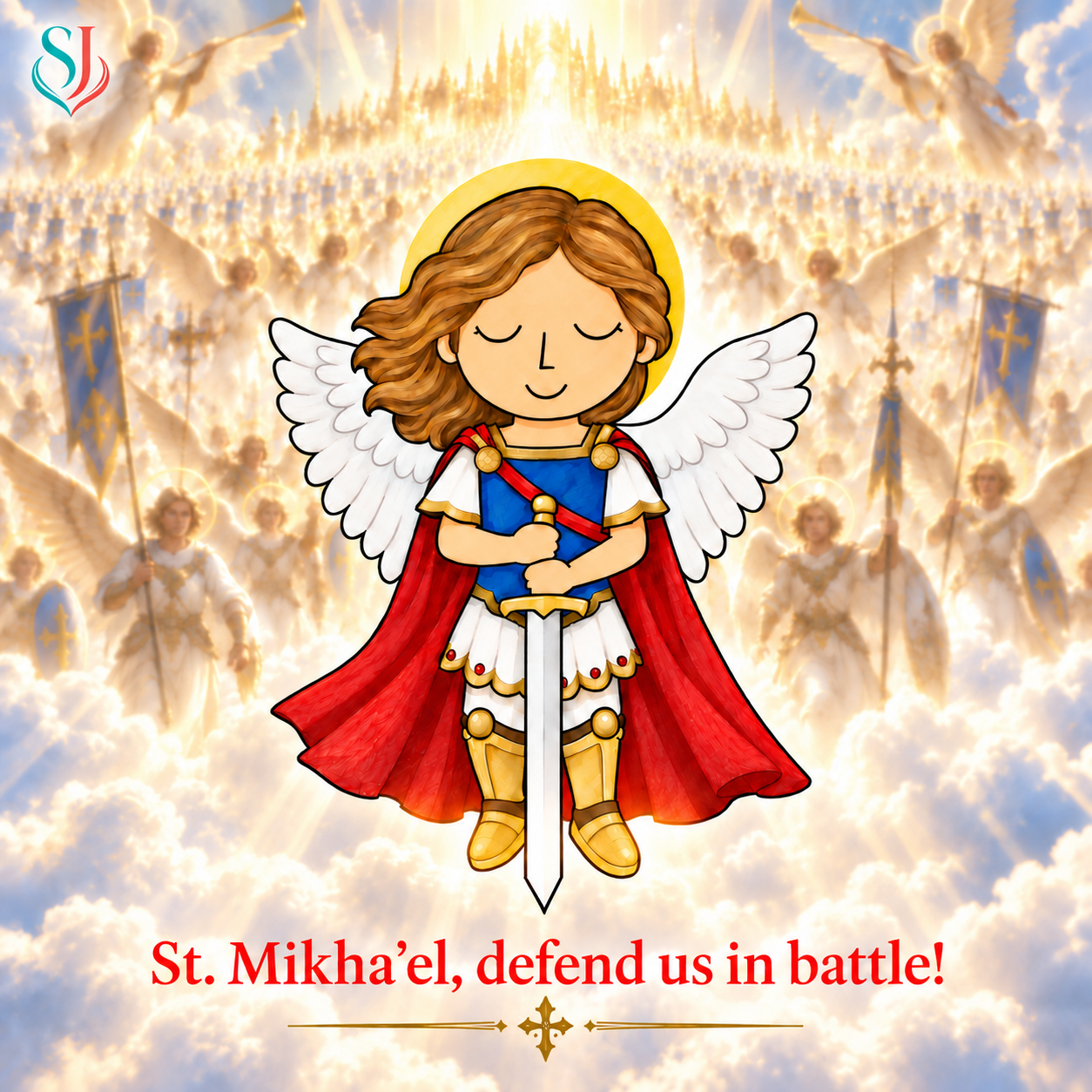 St. Michael the Archangel magnet artwork with the words St. Mikha’el, defend us in battle!