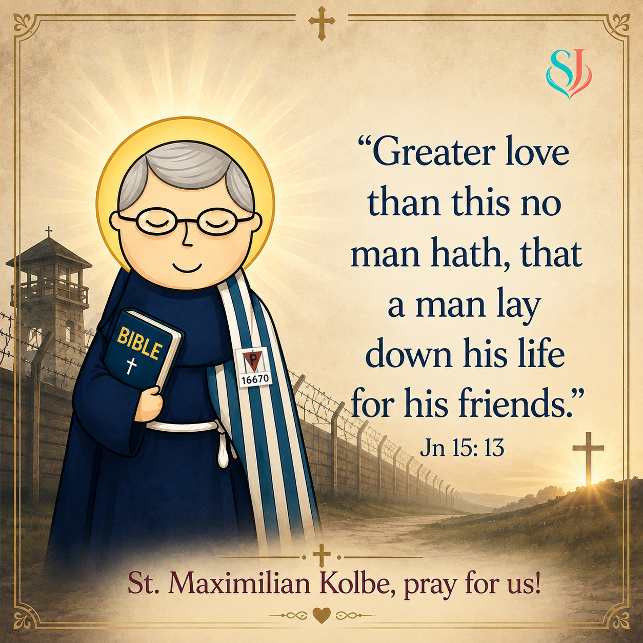 St. Maximilian Kolbe magnet artwork with John 15:13 quote