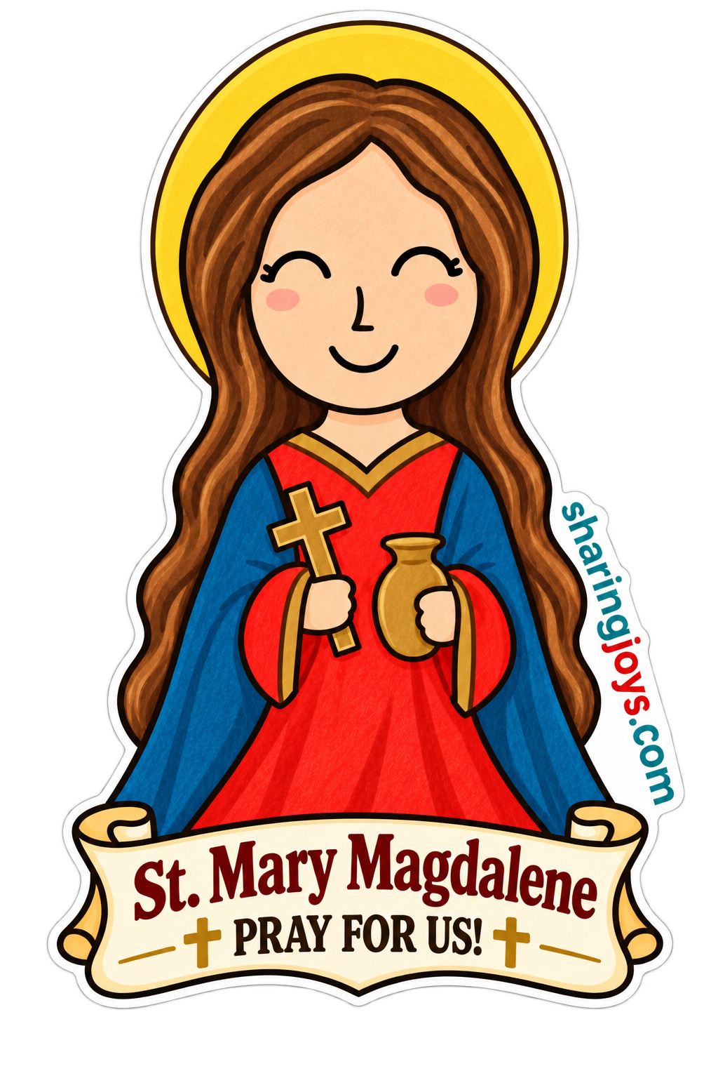 St. Mary Magdalene die-cut sticker holding a cross and jar with prayer banner