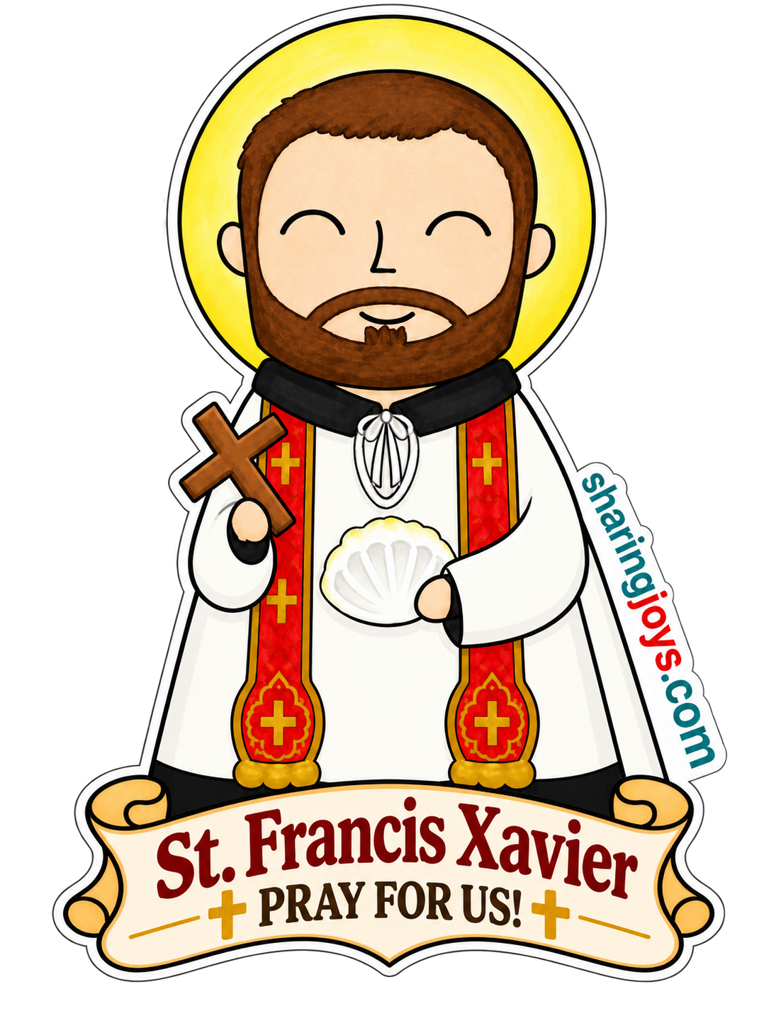 St. Francis Xavier die-cut sticker — St. Francis Xavier holding a cross and shell with a prayer banner