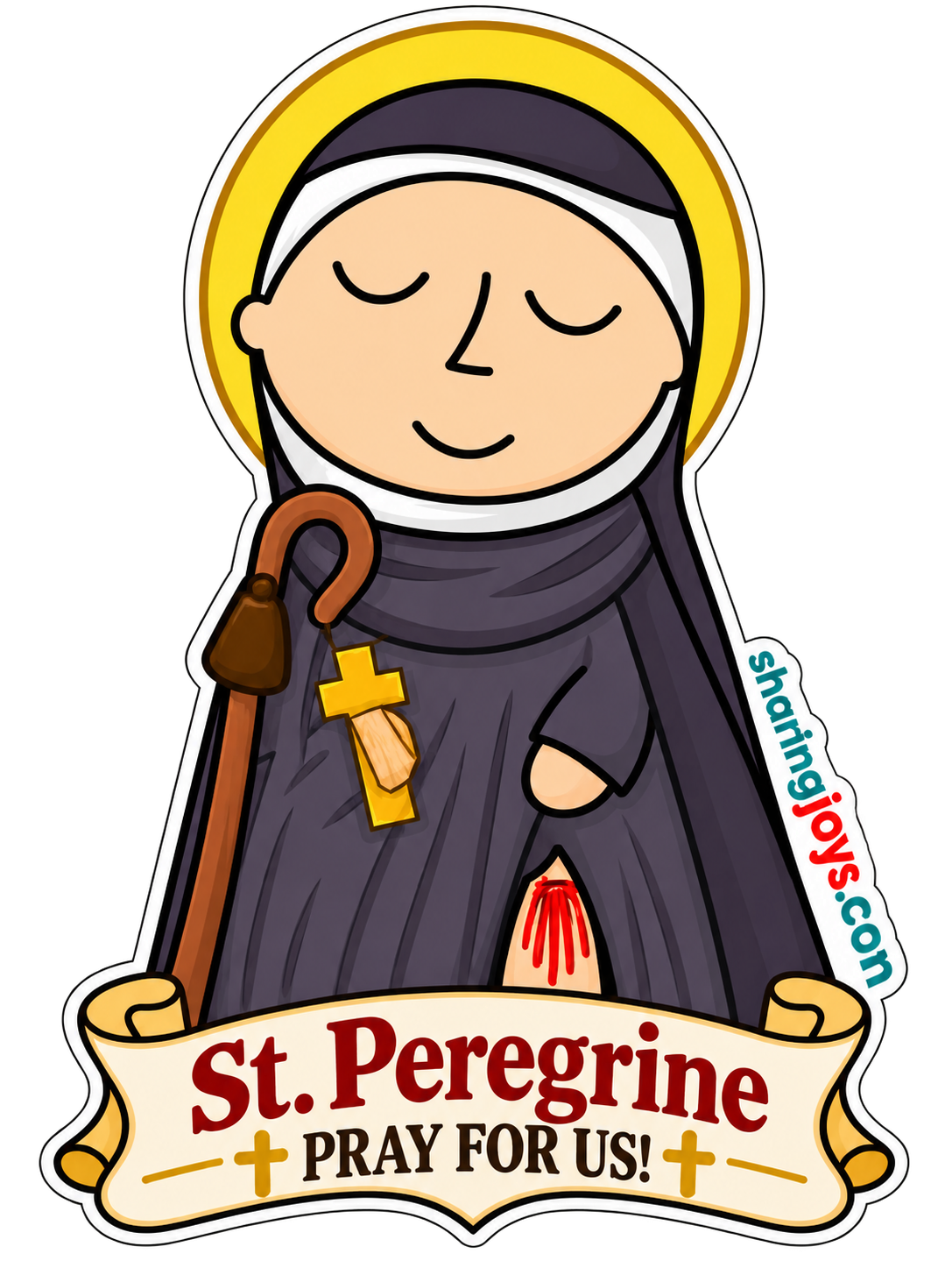St. Peregrine die-cut sticker holding a staff and cross with prayer banner