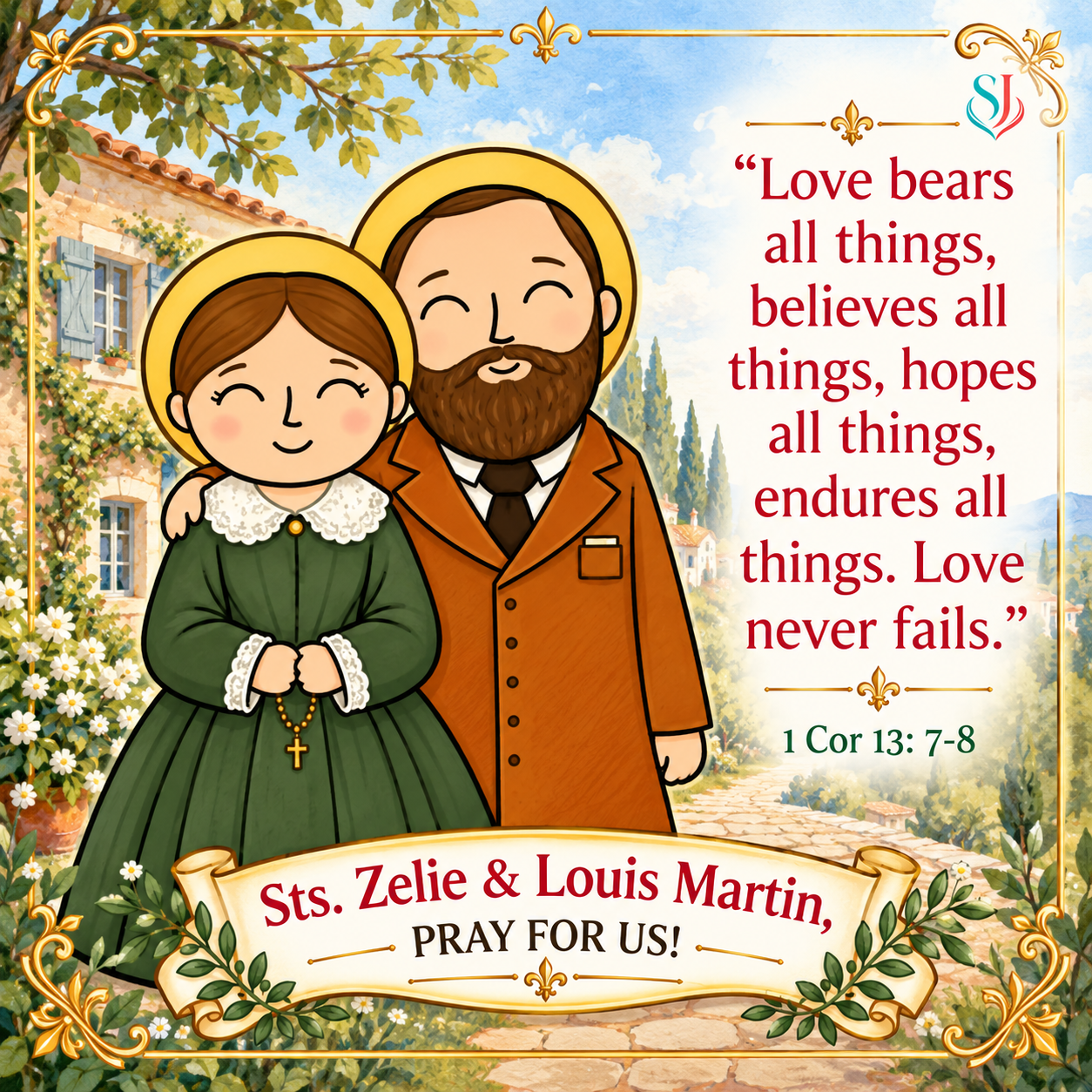 Sts. Zelie & Louis Martin Magnet — the Martin couple with 1 Corinthians 13:7–8, “Sts. Zelie & Louis Martin, pray for us!”