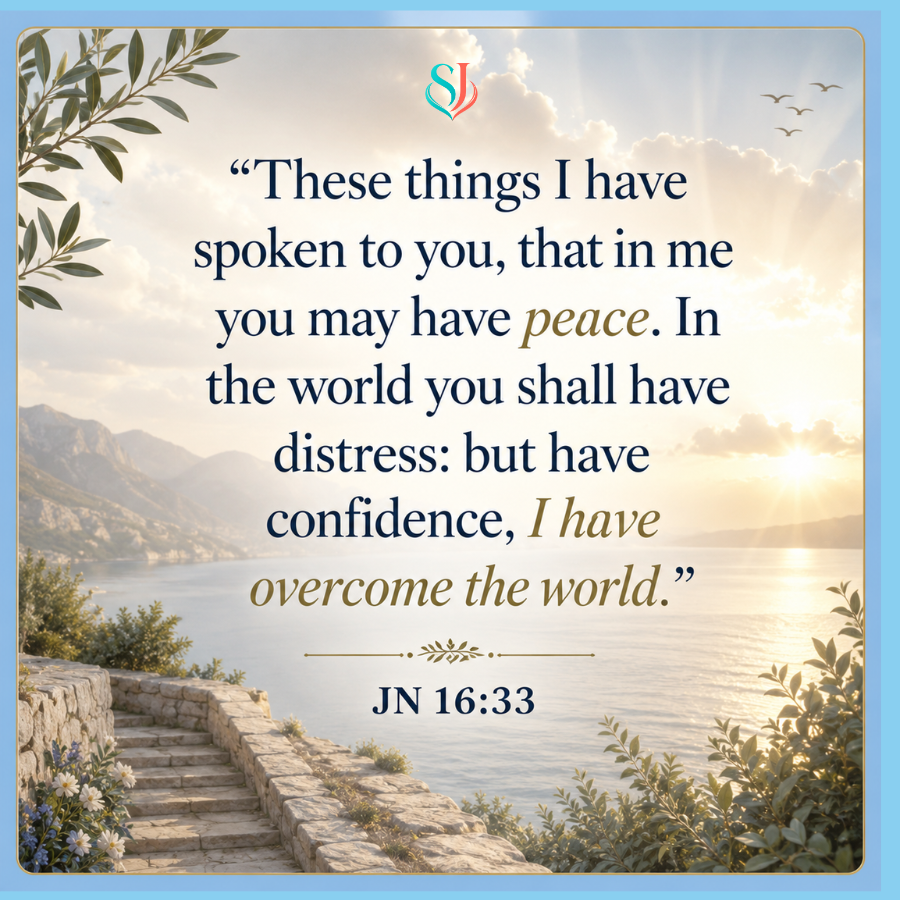 John 16:33 scripture magnet artwork over a seaside path