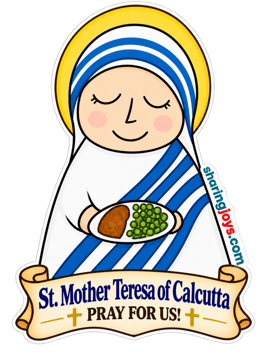 St. Mother Teresa of Calcutta die-cut sticker offering food with prayer banner