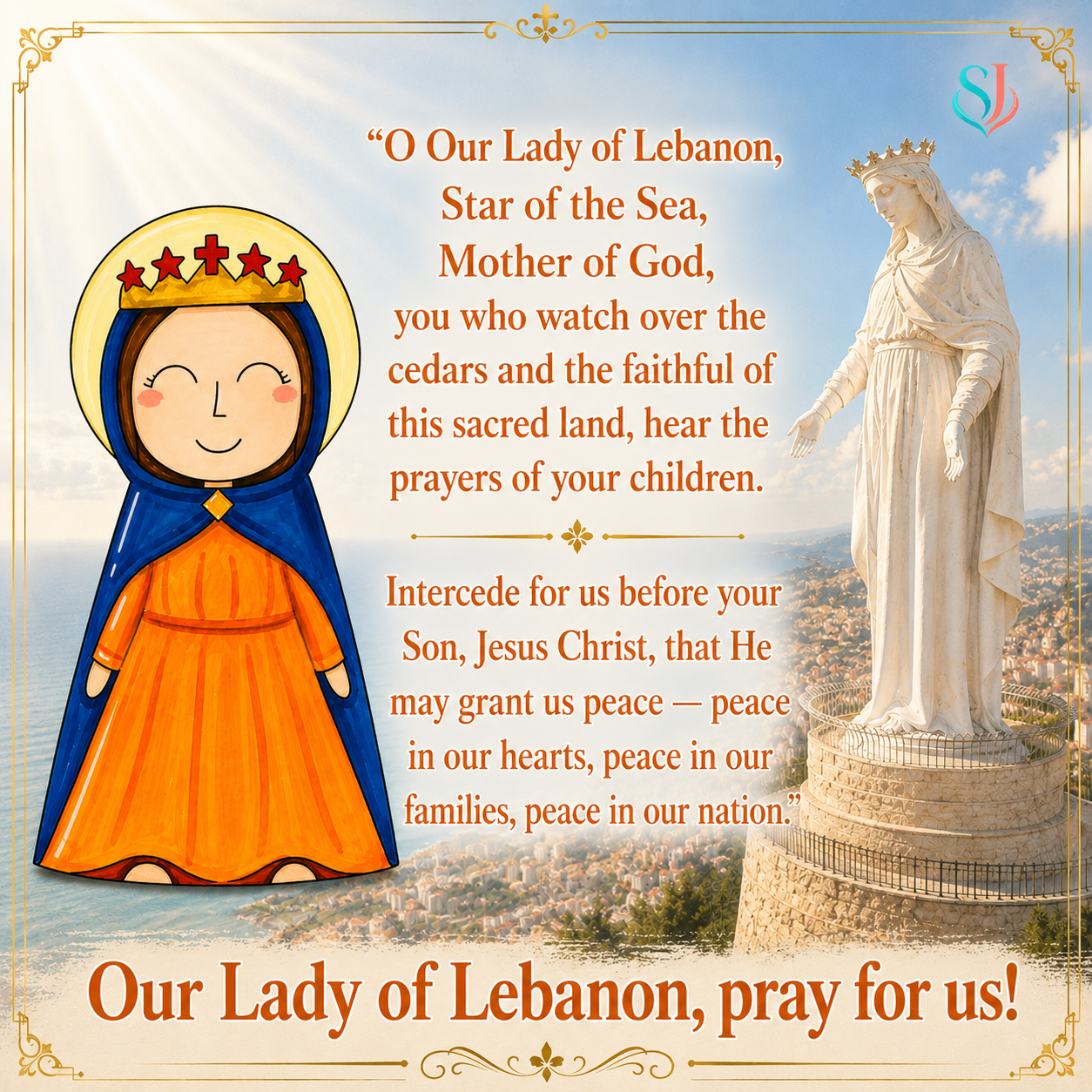 Our Lady of Lebanon Magnet — Our Lady crowned beside the Harissa shrine statue with a prayer for peace