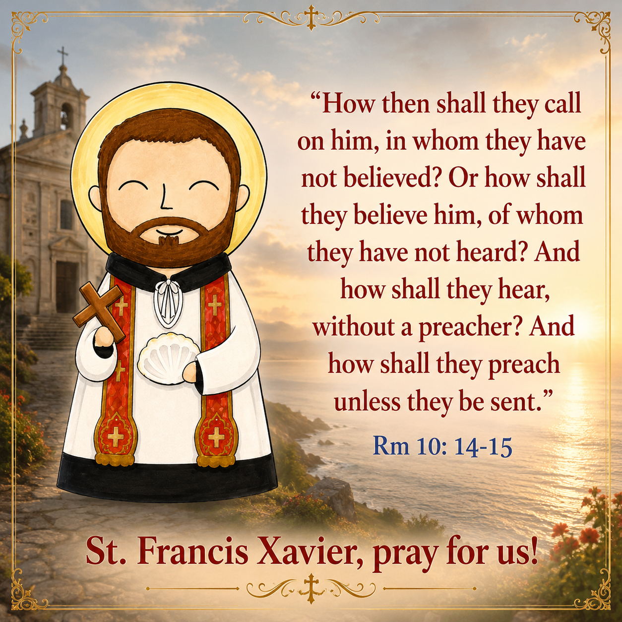 St. Francis Xavier Magnet — St. Francis Xavier holding a cross and shell by the sea with Romans 10:14–15