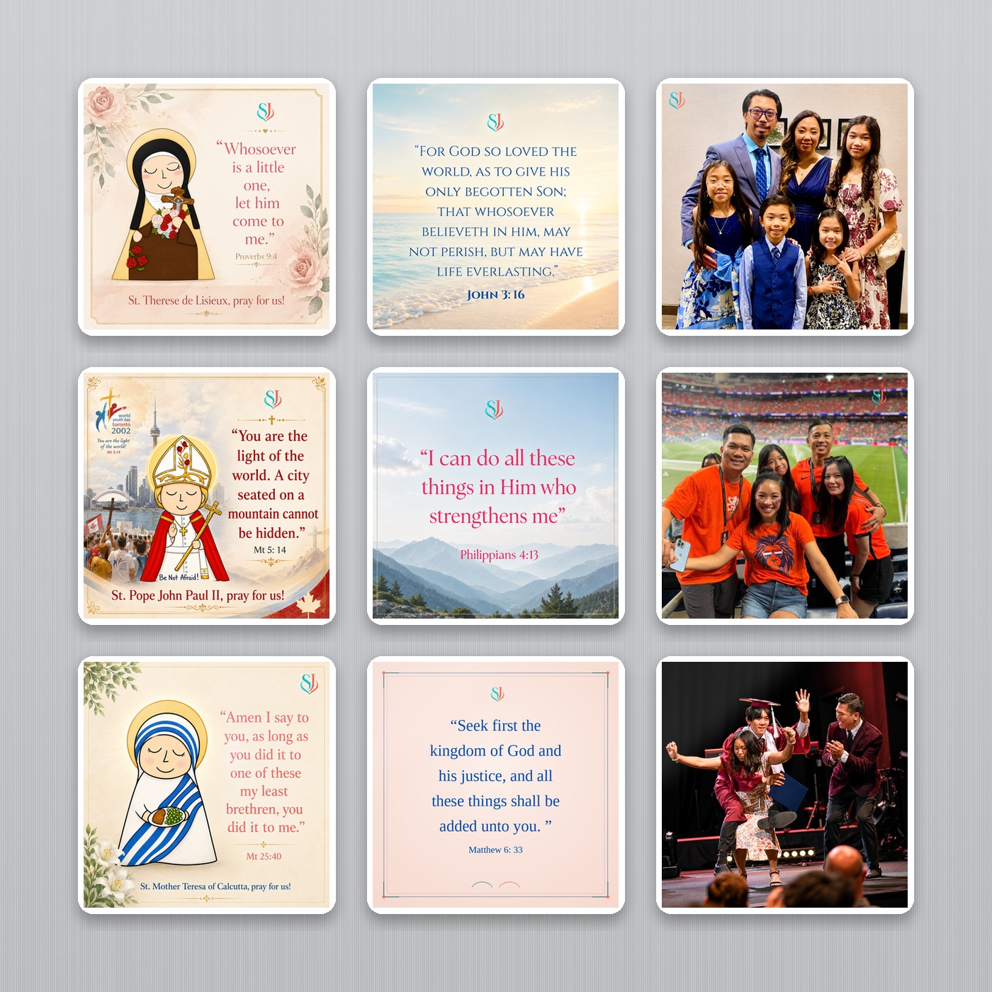 Pack of nine 3 inch square magnets on a refrigerator door — Saints, Scripture verses and family memory photos