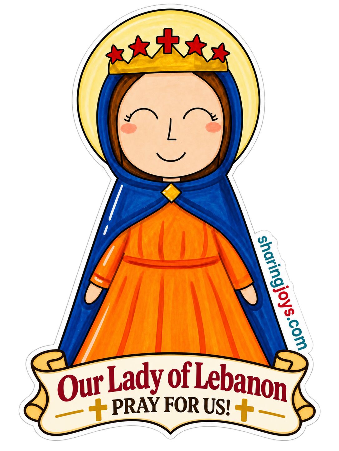 Our Lady of Lebanon die-cut sticker — crowned Mary in a blue mantle, “Our Lady of Lebanon — Pray for us!”