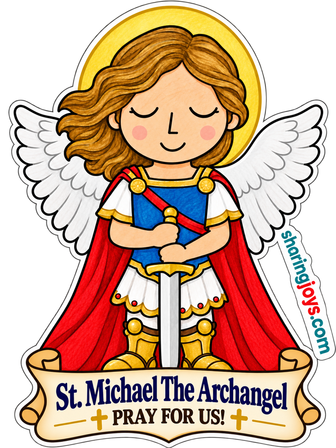 St. Michael the Archangel die-cut sticker holding a sword with prayer banner