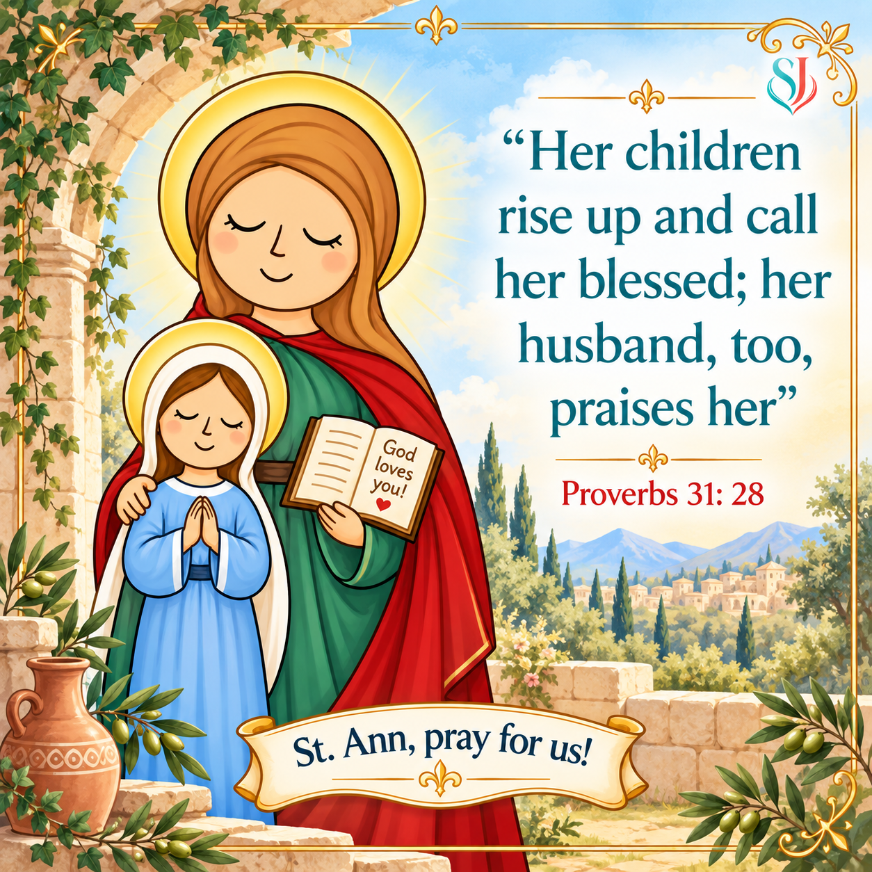 St. Ann Magnet — St. Ann guiding young Mary in prayer with Proverbs 31:28, “St. Ann, pray for us!”
