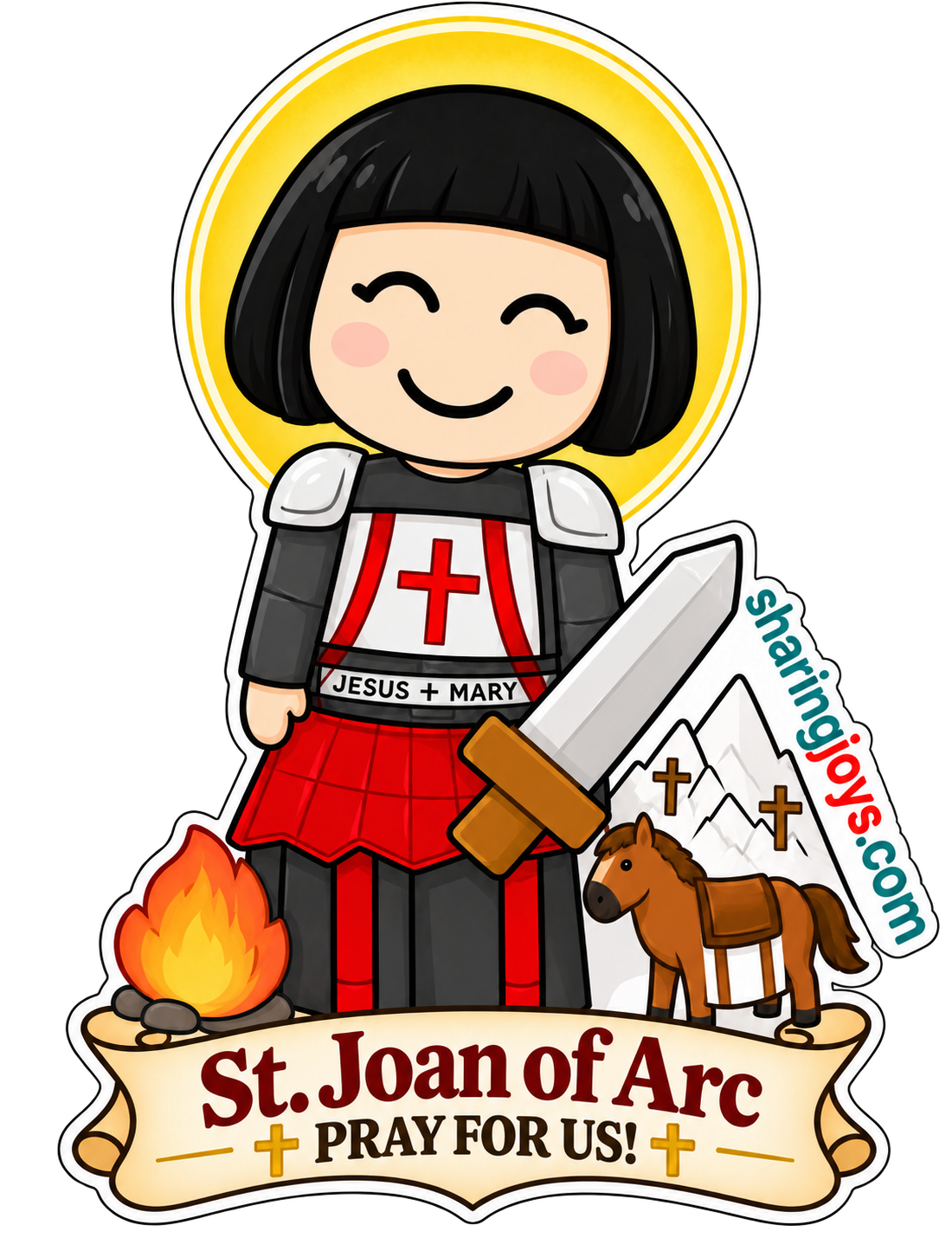 St. Joan of Arc die-cut sticker with sword, horse and prayer banner