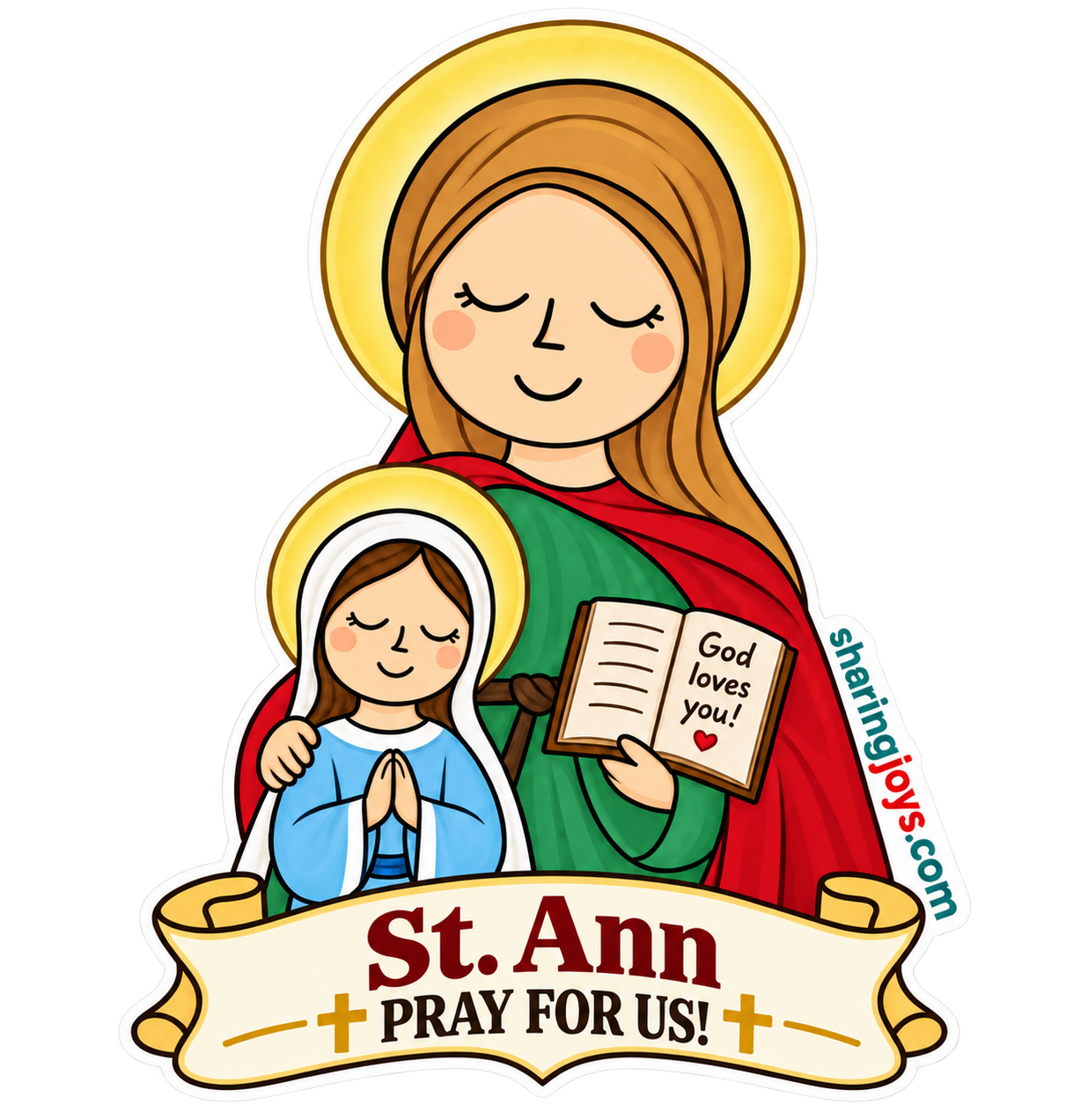 St. Ann die-cut sticker — St. Ann with young Mary and a book, “St. Ann — Pray for us!”