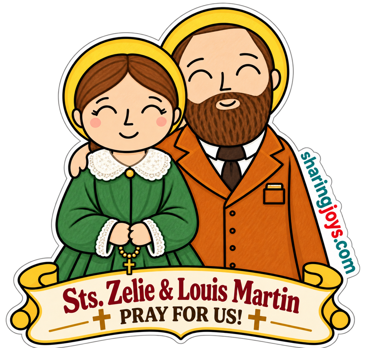 Sts. Zelie and Louis Martin die-cut sticker with prayer banner