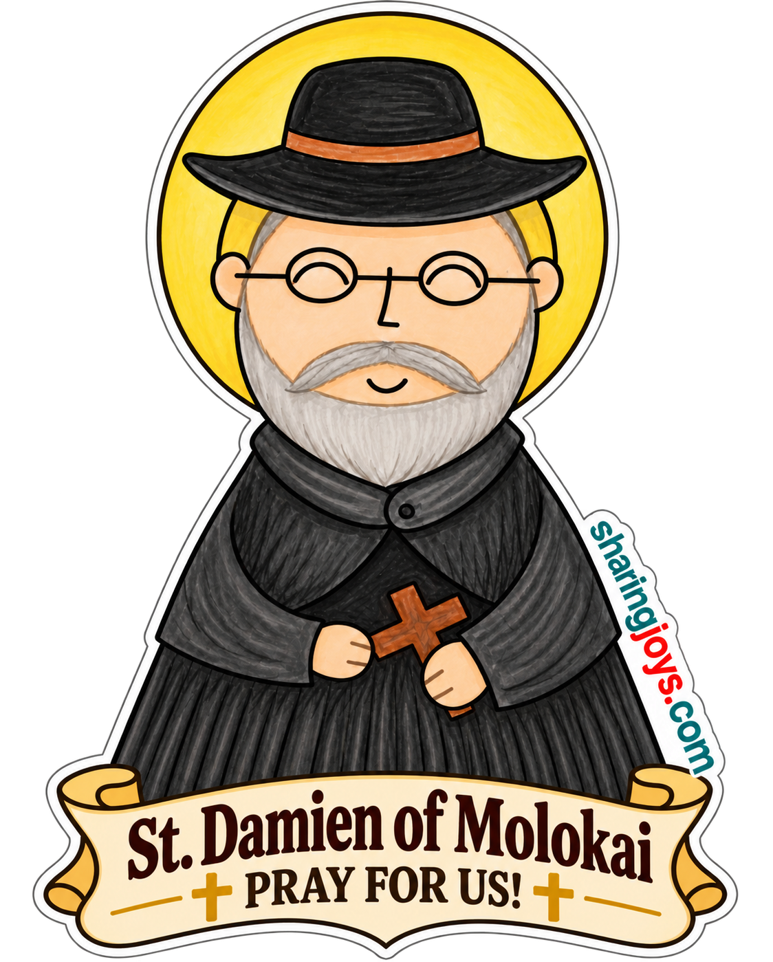 St. Damien of Molokai die-cut sticker — St. Damien holding a cross with a prayer banner
