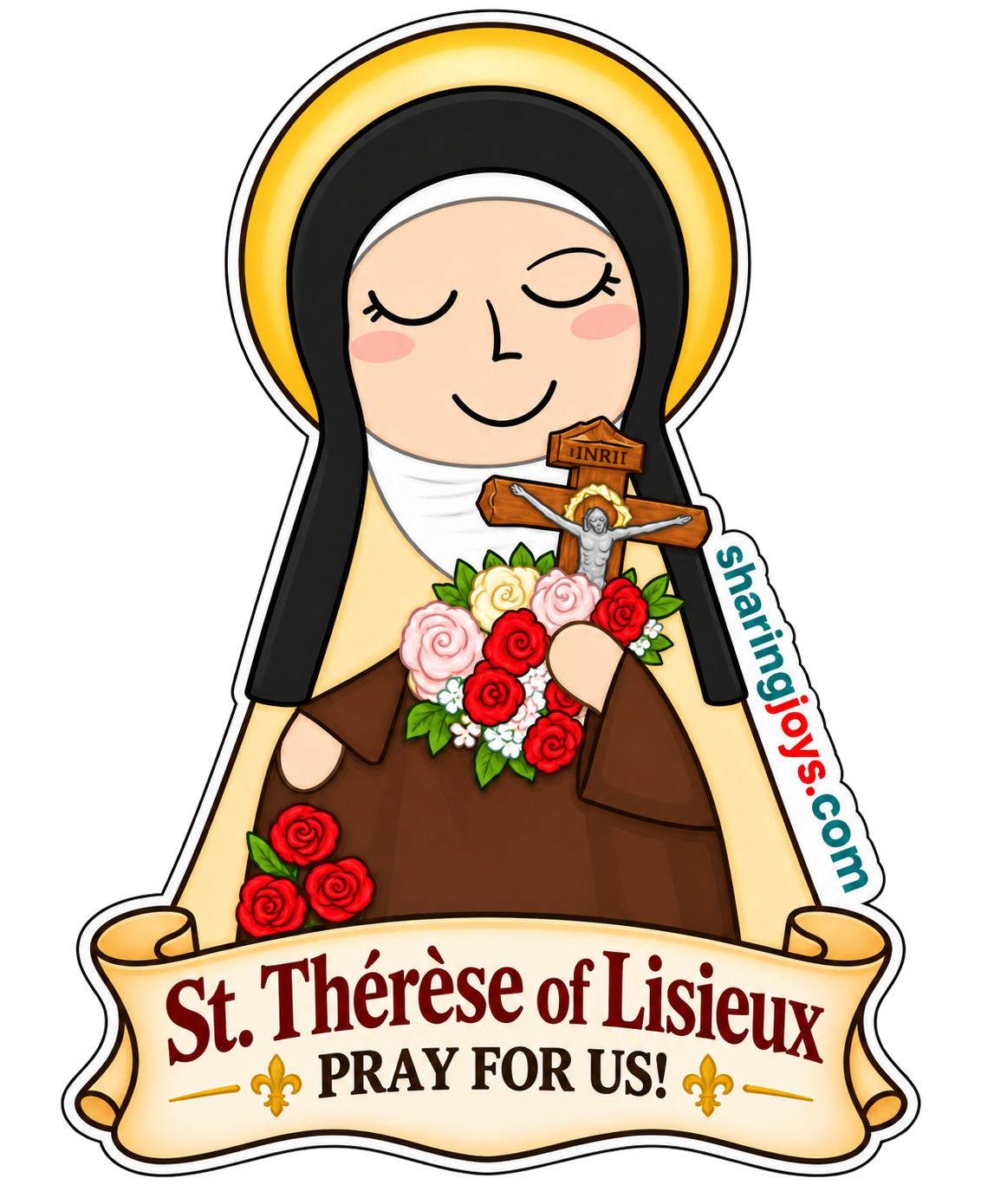 St. Thérèse of Lisieux die-cut sticker holding roses and a crucifix with prayer banner