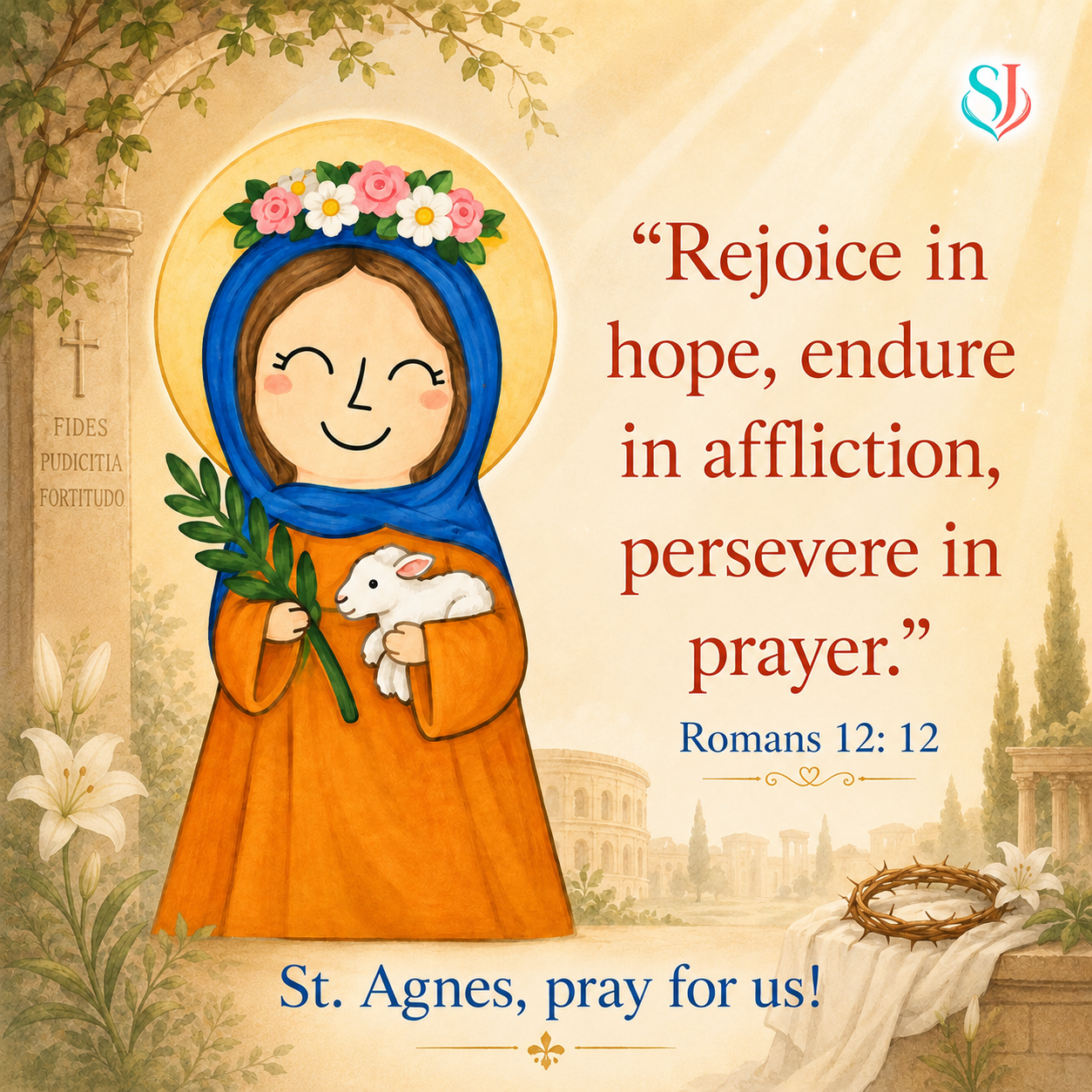 St. Agnes Magnet — St. Agnes holding a lamb and palm with Romans 12:12, “St. Agnes, pray for us!”