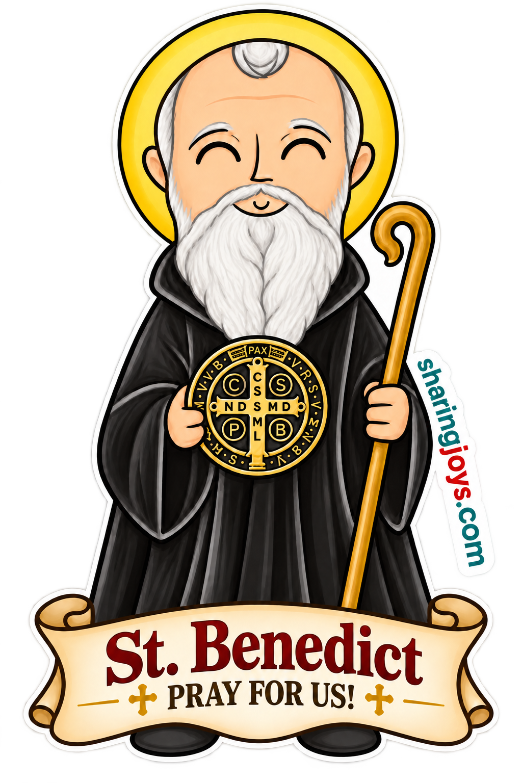 St. Benedict die-cut sticker — St. Benedict holding the St. Benedict medal and crozier, “St. Benedict — Pray for us!”