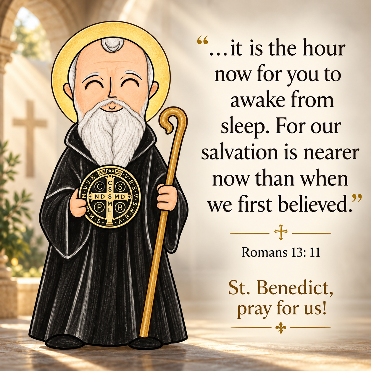 St. Benedict devotional magnet featuring Romans 13:11