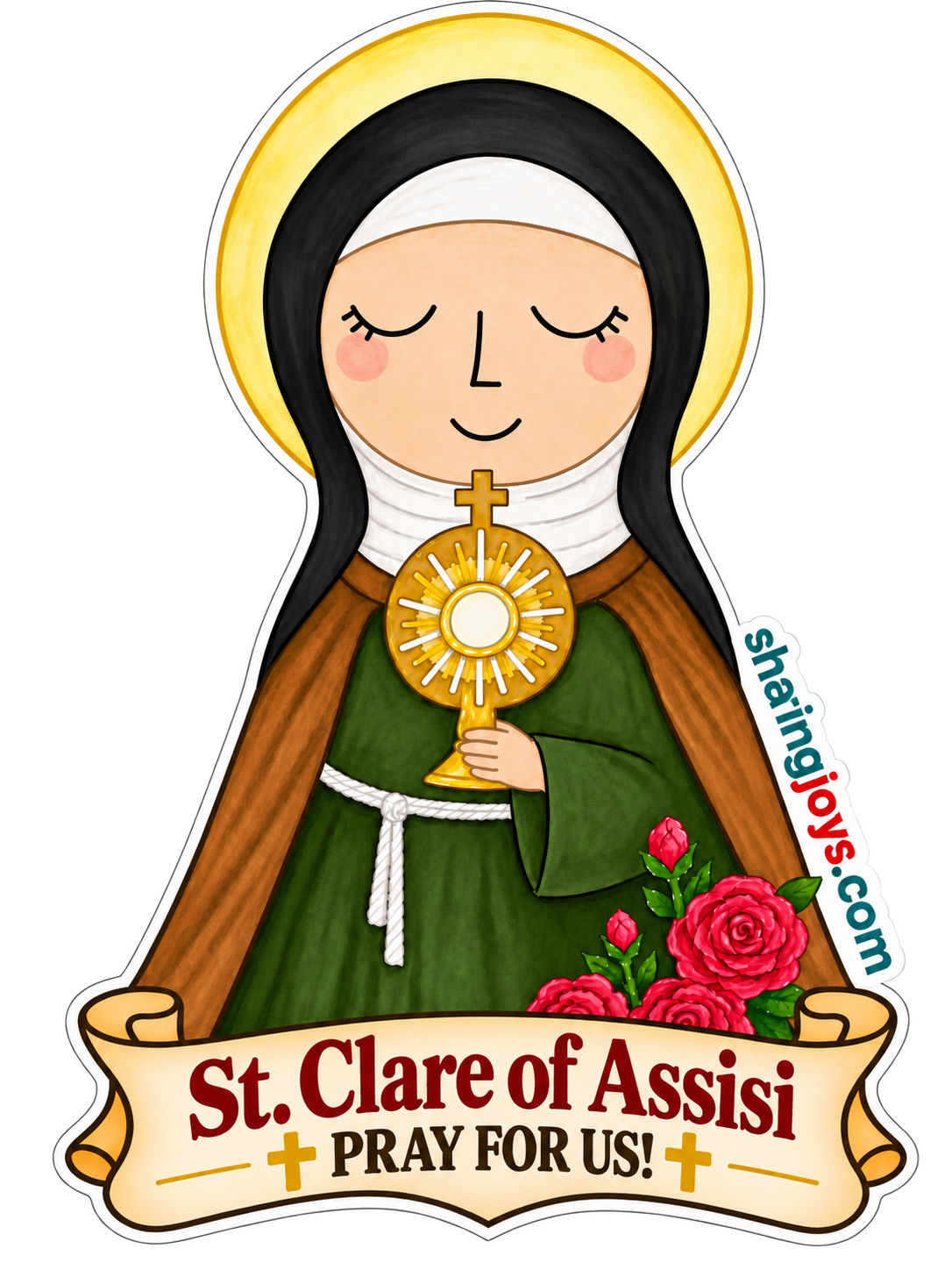 St. Clare of Assisi die-cut sticker — St. Clare holding a monstrance, with roses and a prayer banner