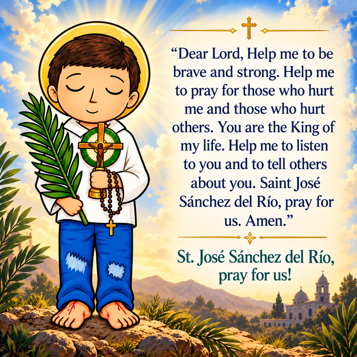 St. José Sánchez del Río Prayer Magnet featuring Catholic prayer, crucifix, rosary and martyr's palm – SharingJoys