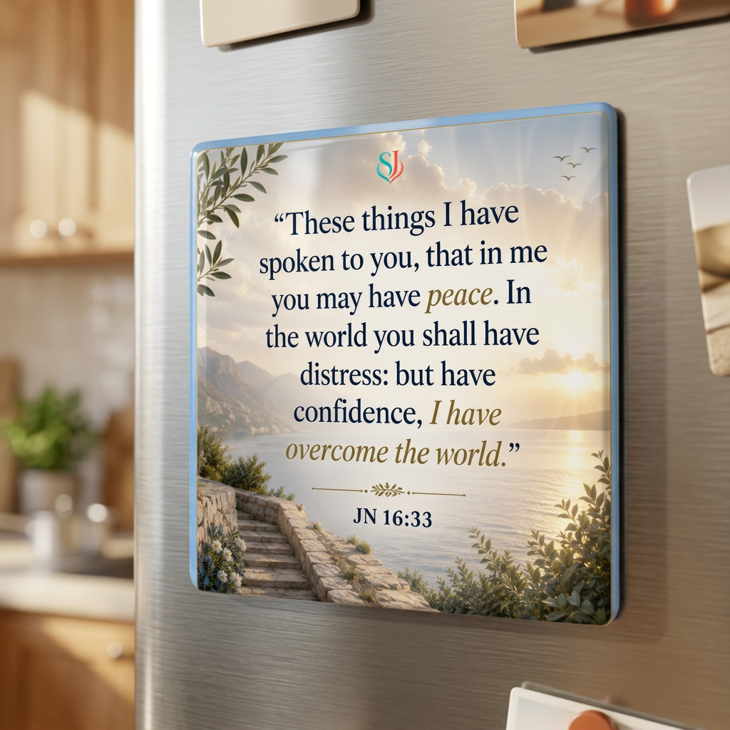 Scripture verse magnet displayed on a refrigerator door