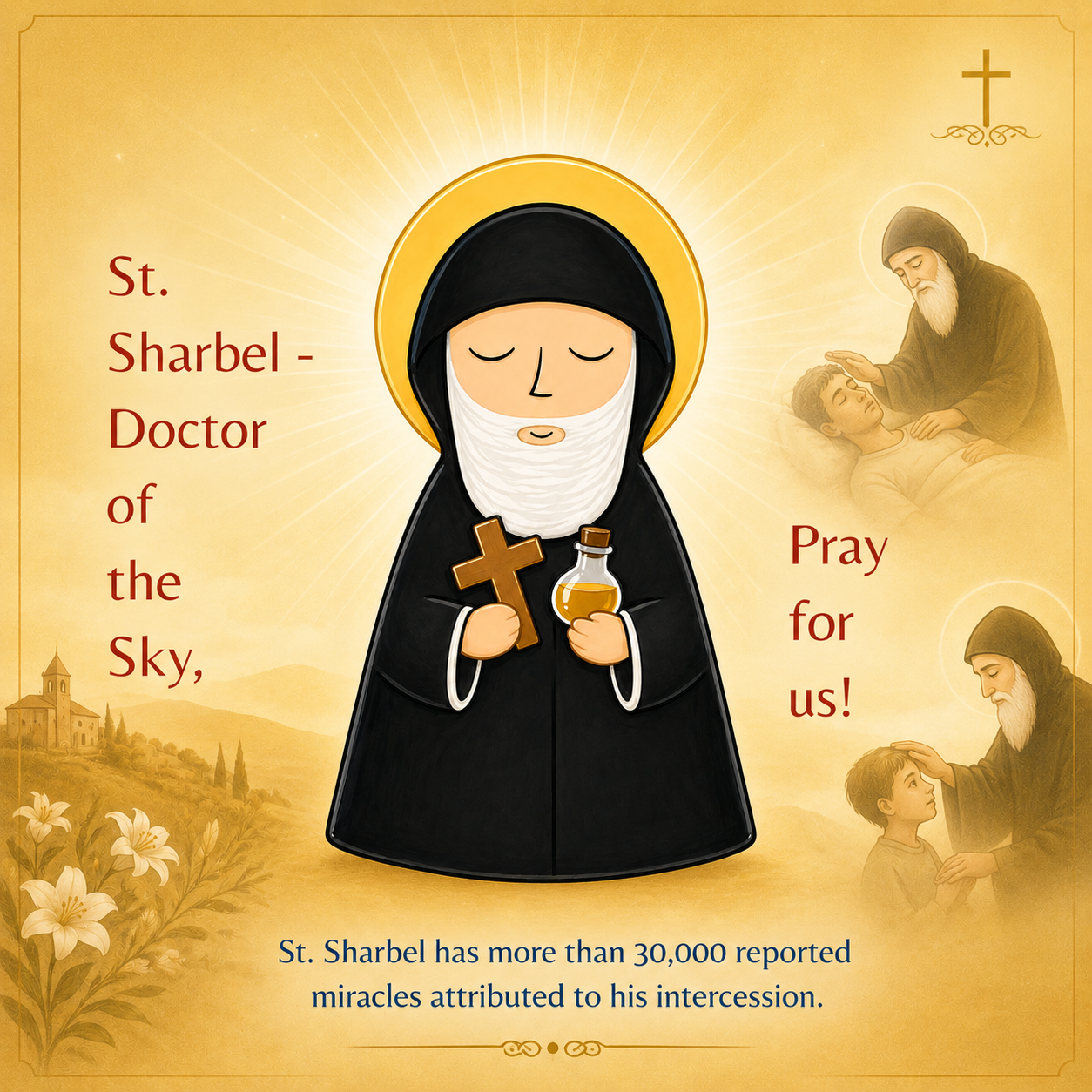 St. Sharbel Magnet — St. Sharbel holding a cross and oil, “Doctor of the Sky, pray for us!”