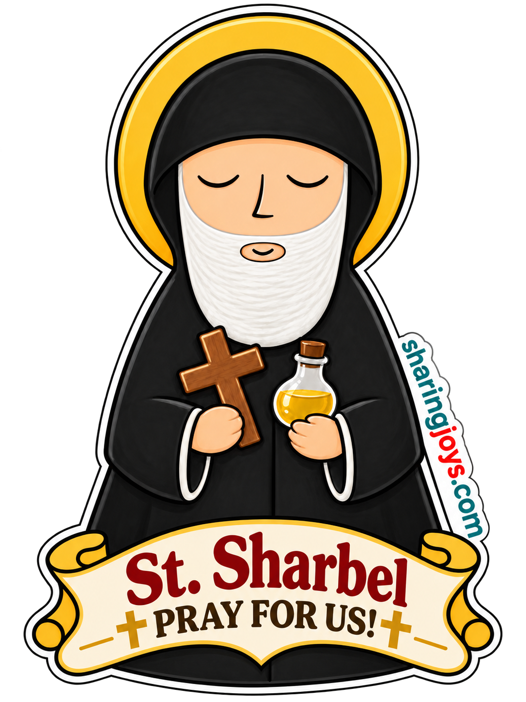 St. Sharbel die-cut sticker holding a cross and vial of oil with prayer banner