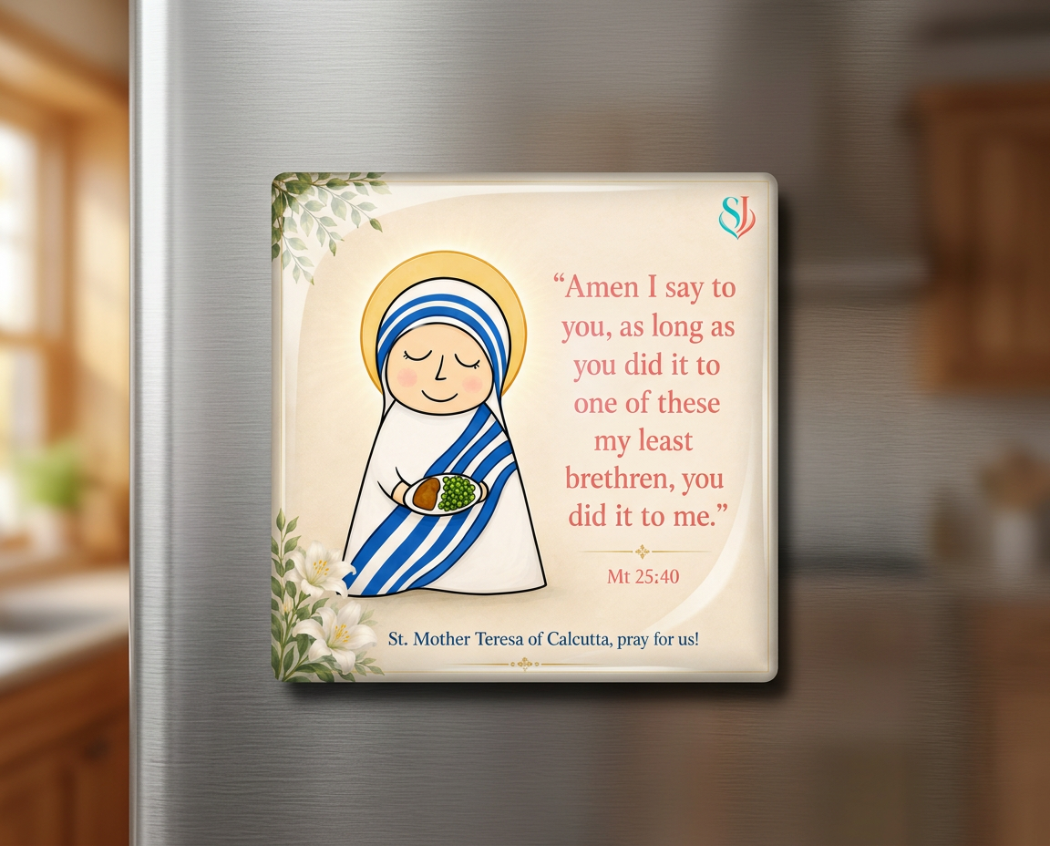 St. Mother Teresa illustrated Saint magnet displayed on a refrigerator door