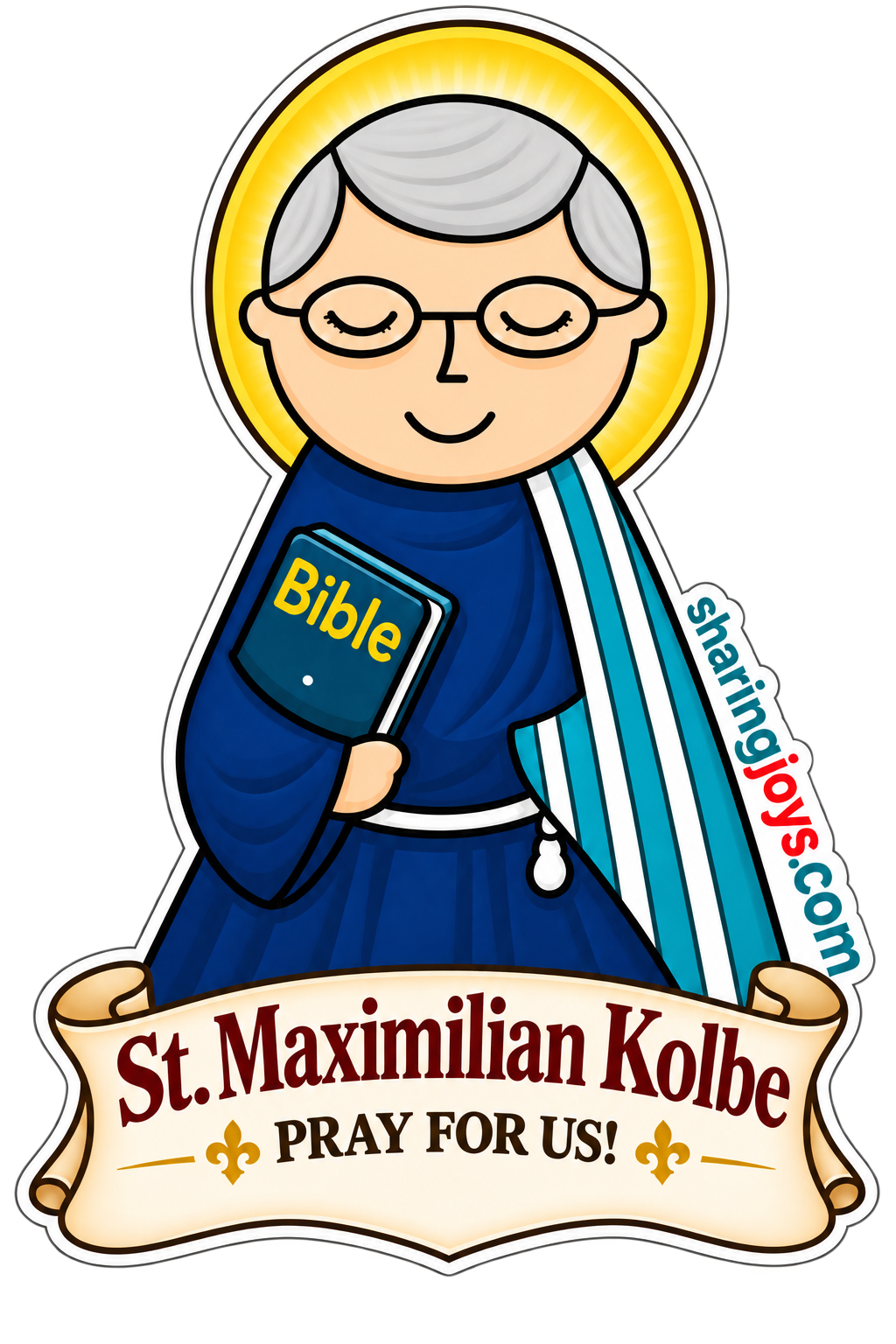 St. Maximilian Kolbe die-cut sticker holding a Bible with prayer banner