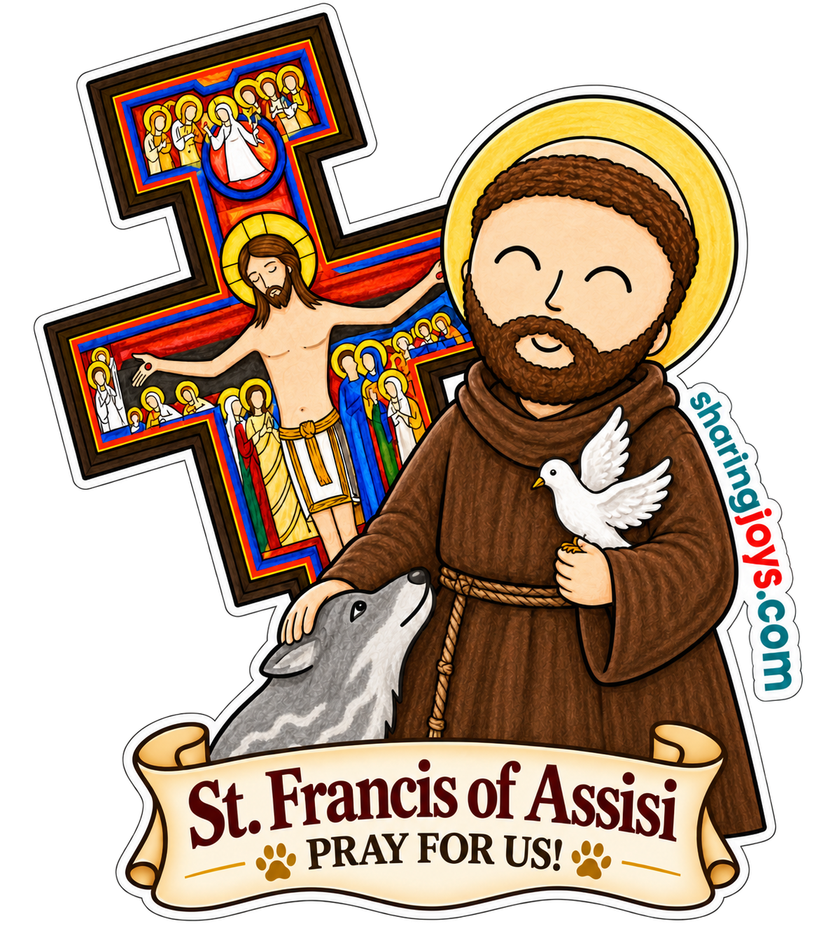 St. Francis of Assisi die-cut sticker — St. Francis with a San Damiano cross and animals, with a prayer banner