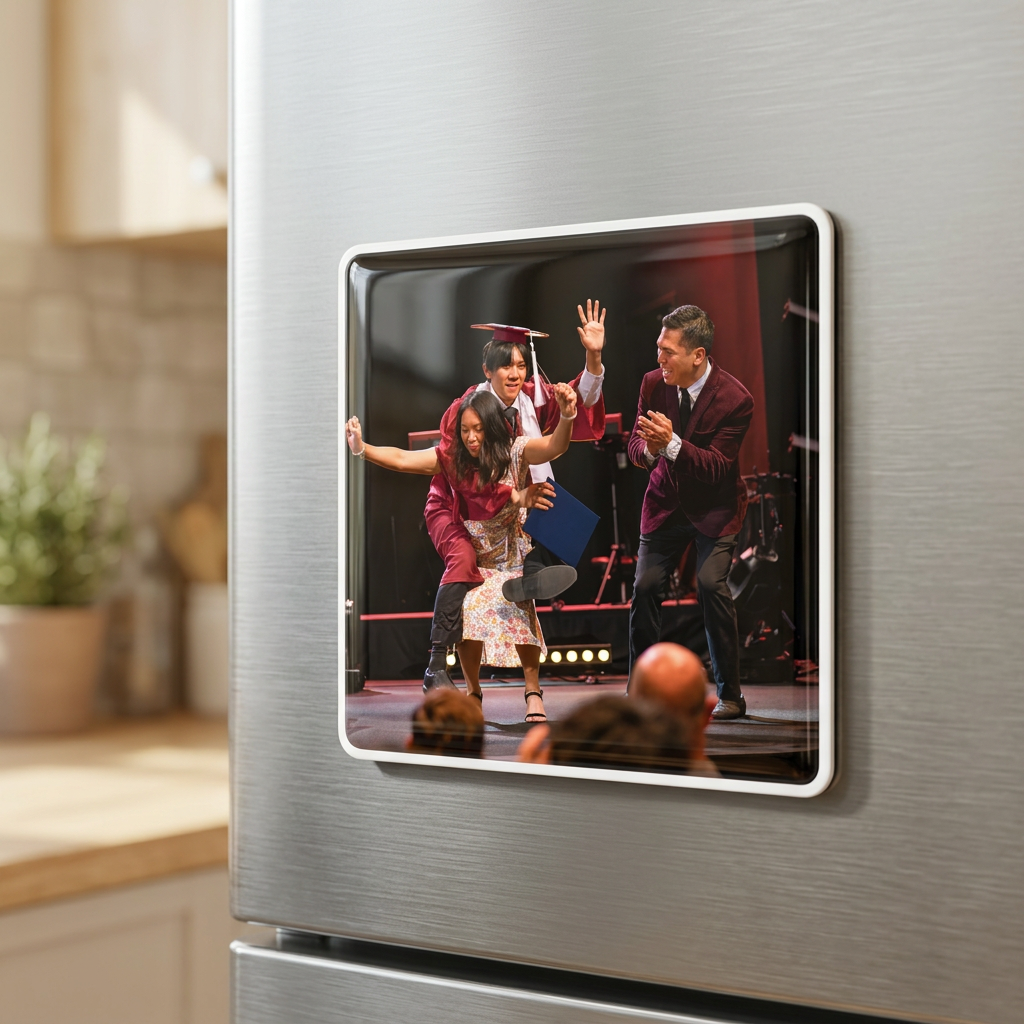 Custom Photo Magnet displayed on a refrigerator door