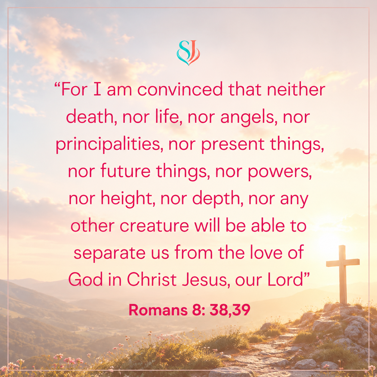 Romans 8:38-39 scripture magnet — nothing can separate us from the love of God, in rose type over a sunlit hillside with a wooden cross