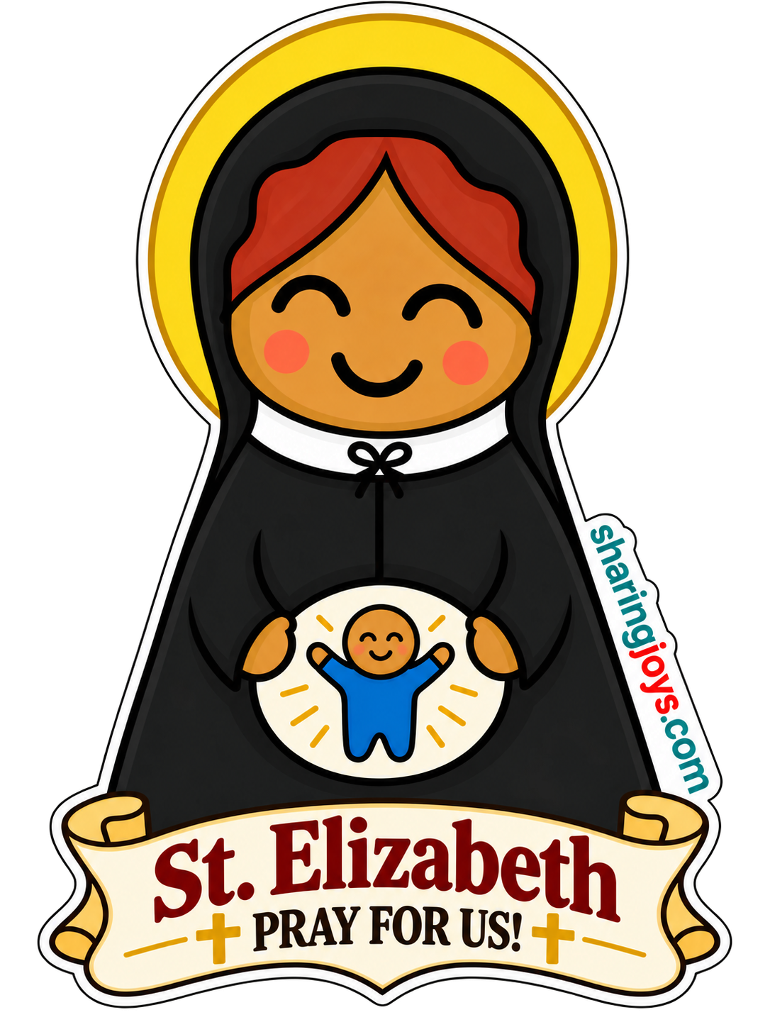 St. Elizabeth die-cut sticker — St. Elizabeth with an infant and a prayer banner