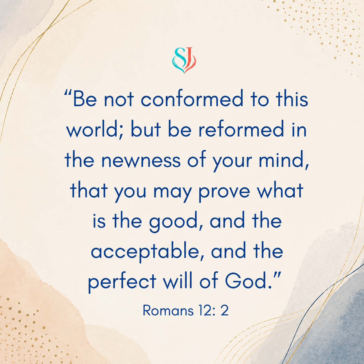 Romans 12:2 scripture magnet artwork in navy lettering on a soft watercolour background