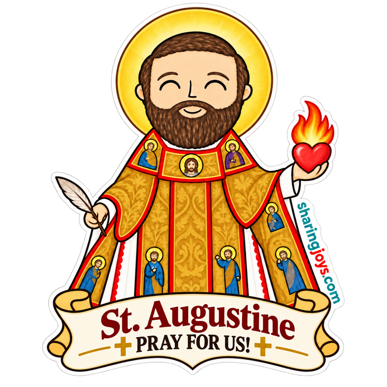 St. Augustine die-cut sticker — St. Augustine holding a quill and a flaming heart, “St. Augustine — Pray for us!”
