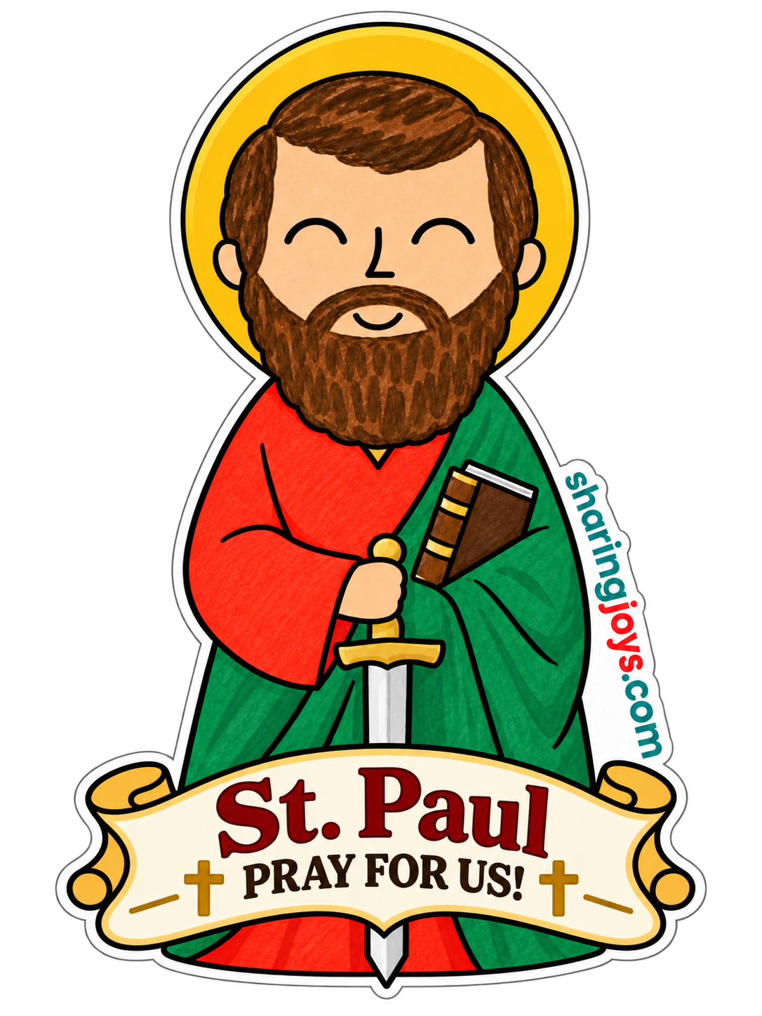 St. Paul die-cut sticker holding a sword and book with prayer banner