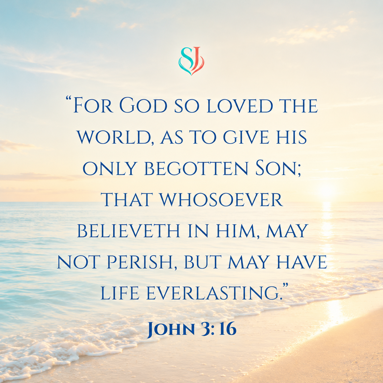 John 3:16 scripture magnet — For God so loved the world, in navy serif type over a sunrise beach and calm sea