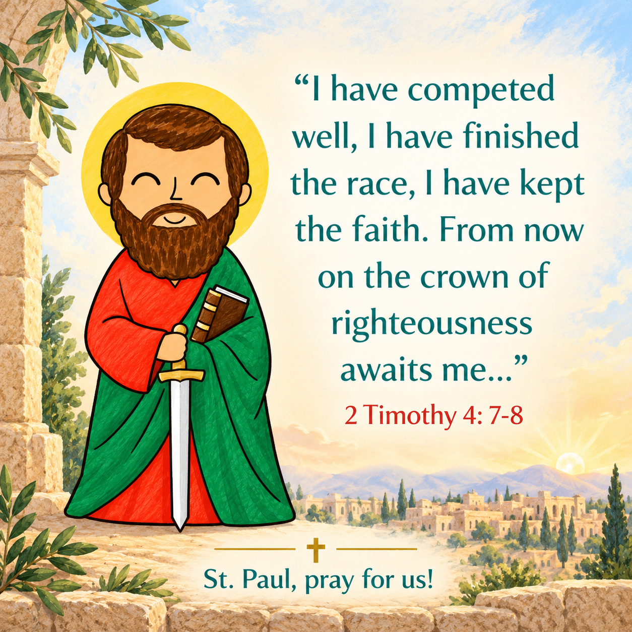 St. Paul Magnet — St. Paul holding a sword and book with the quote from 2 Timothy 4:7–8