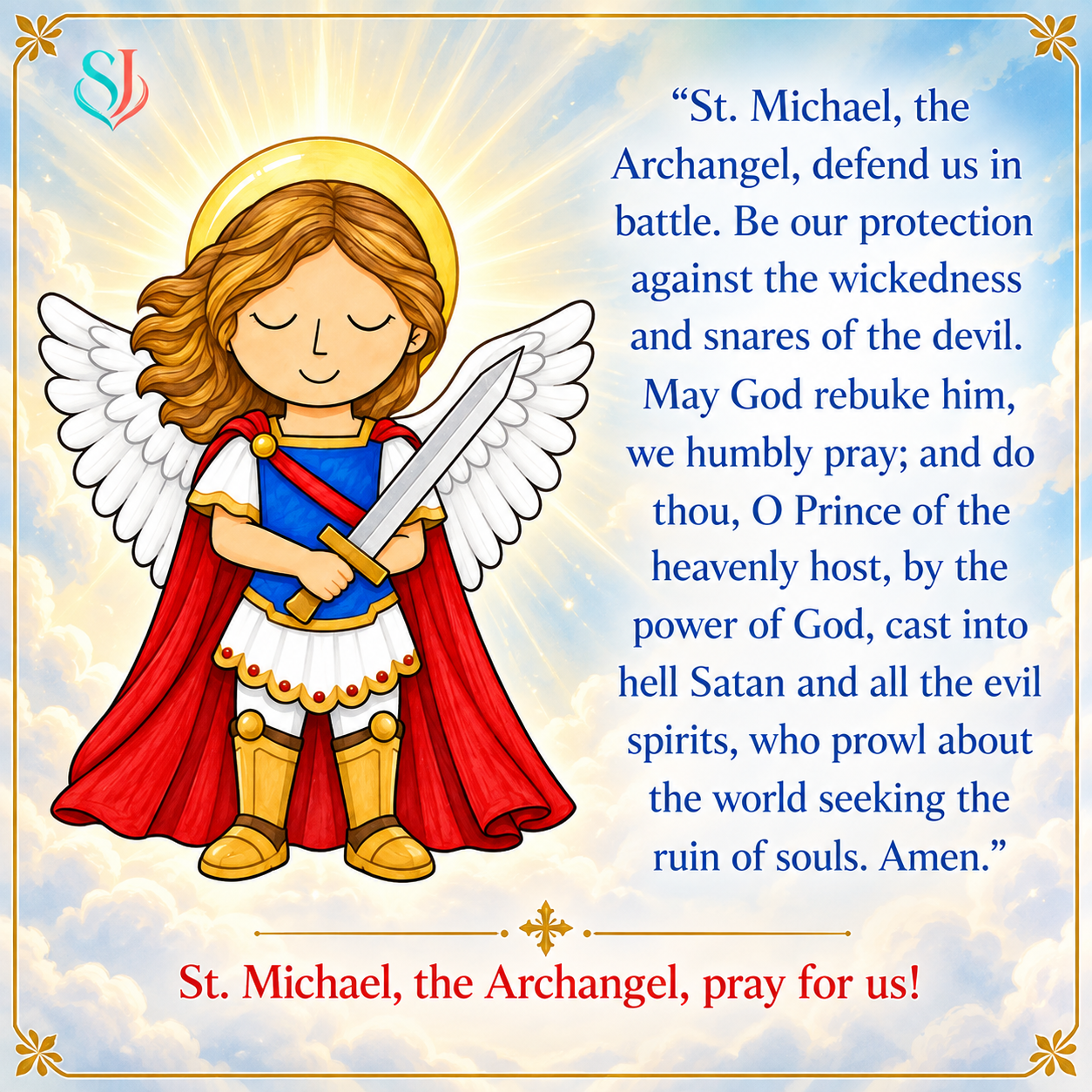 Prayer of St. Michael Magnet — St. Michael the Archangel with sword and wings beside the Prayer to St. Michael, “St. Michael, the Archangel, pray for us!”