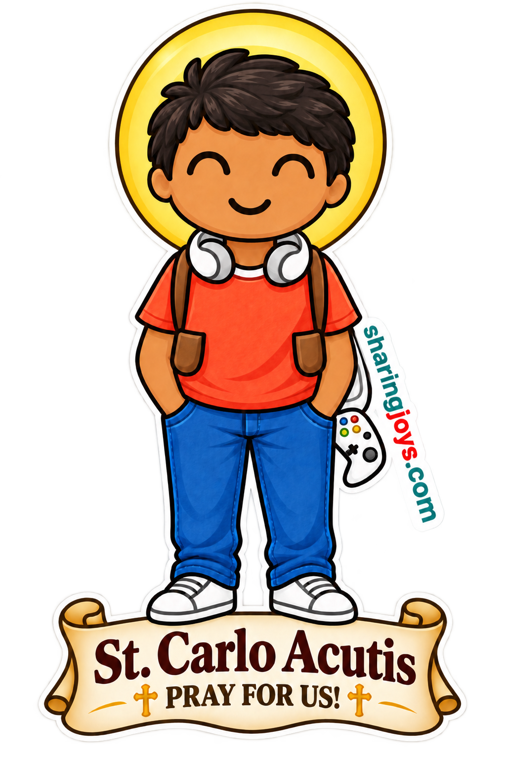 St. Carlo Acutis die-cut sticker — St. Carlo Acutis with headphones, backpack and controller, “St. Carlo Acutis — Pray for us!”