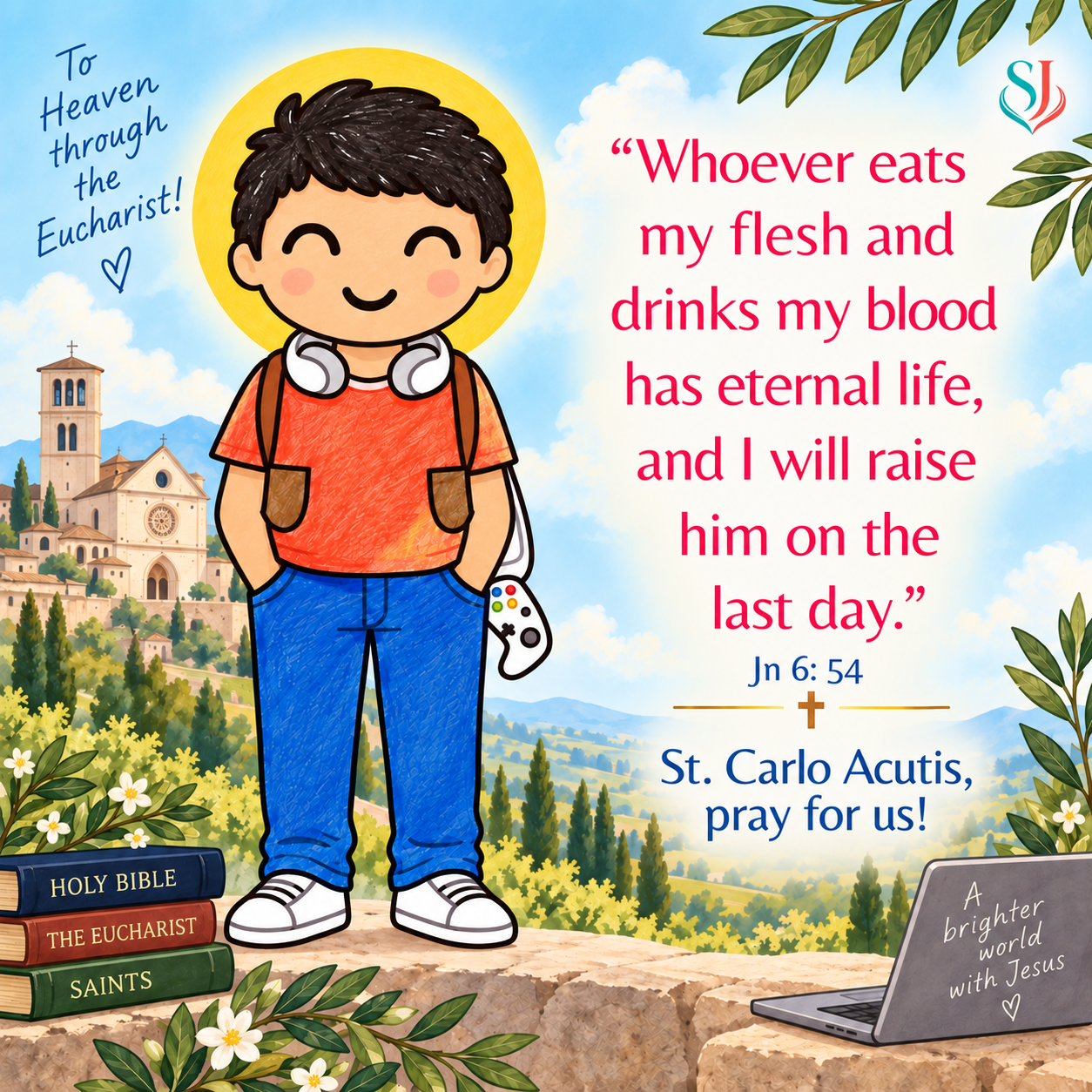 St. Carlo Acutis devotional magnet featuring John 6:54, Eucharistic imagery and the words To Heaven through the Eucharist.